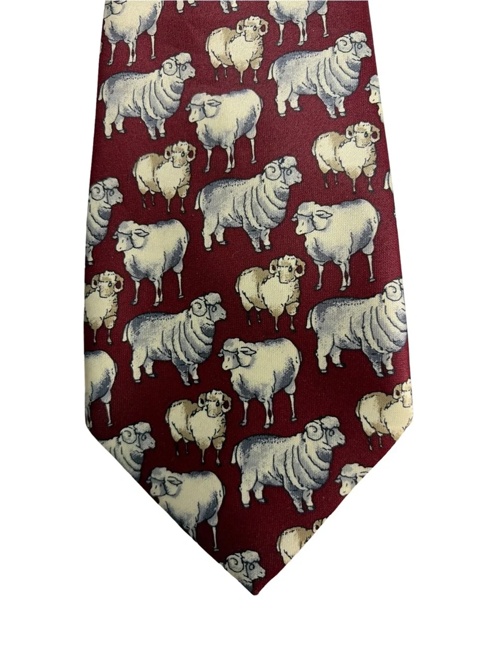 Rene Chagal Handmade Silk Novelty Sheep Pattern Burgundy Tie